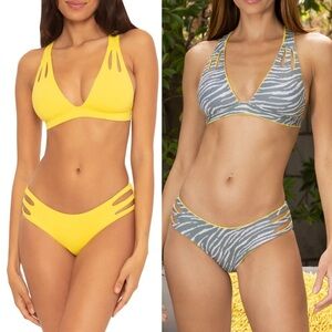 NEW Becca Ferocious Reversible Halter Bikini‎ Top D-Cup Yellow Grey Animal Print